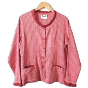 VTG Women FLAX Red Stripe Boxy Linen Jacket M L Oversize Coastal Lagenlook